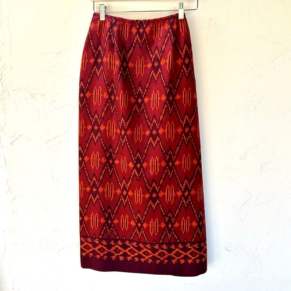 Vintage Jones New York 100% Silk Ikat Print Midi Skirt Size 10 Red Rust